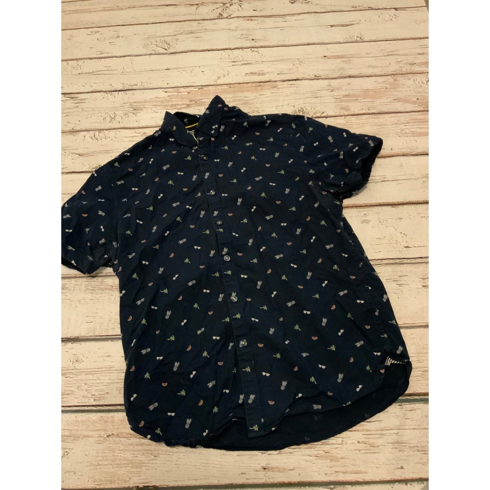 Denim & Flower Ricky Singh Mens Large Navy Tropical‎ Pineapple Button Down Shirt